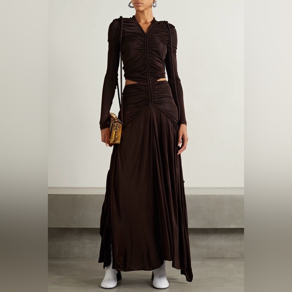 PROENZA SCHOULER Cutout Ruched Jersey Maxi Dress in Dark Brown - Picture 2 of 16